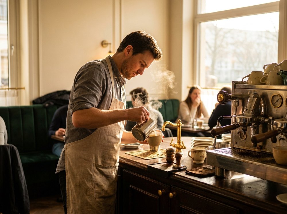 Banco di una caffetteria curata con barista al lavoro