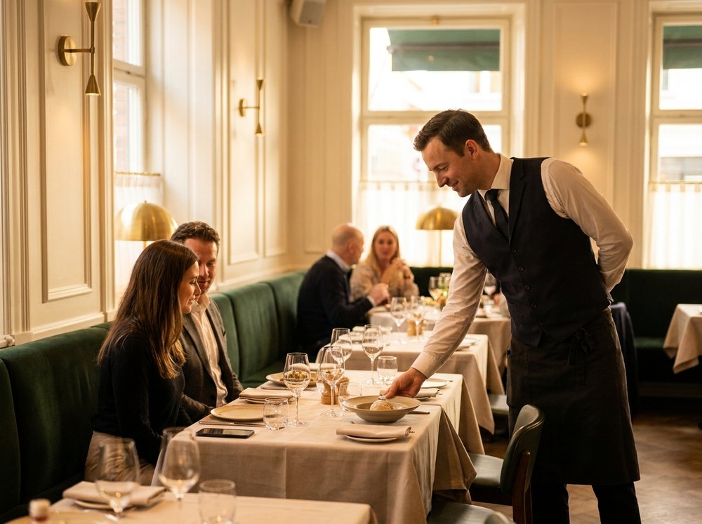 Sala di un ristorante curato durante il servizio, con personale al lavoro